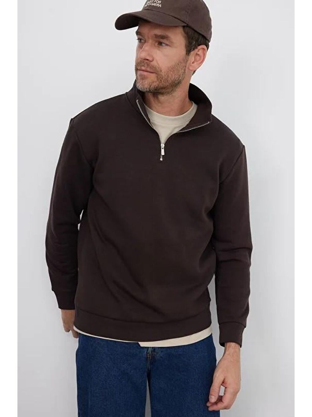 Karışık Unisex 3'Lü Paket Kahverengi-Yeşil-Ekru Relax Fit Pamuklu Yarım Fermuarlı Dik Yaka Sweatshirt-1