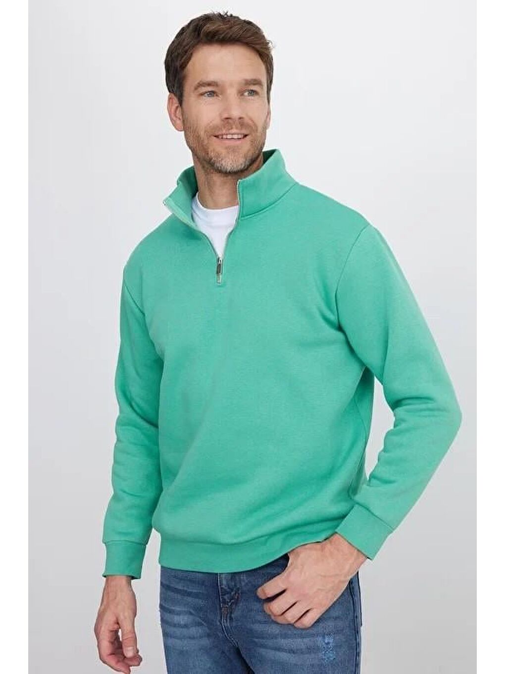 Karışık Unisex 3'Lü Paket Kahverengi-Yeşil-Ekru Relax Fit Pamuklu Yarım Fermuarlı Dik Yaka Sweatshirt-2