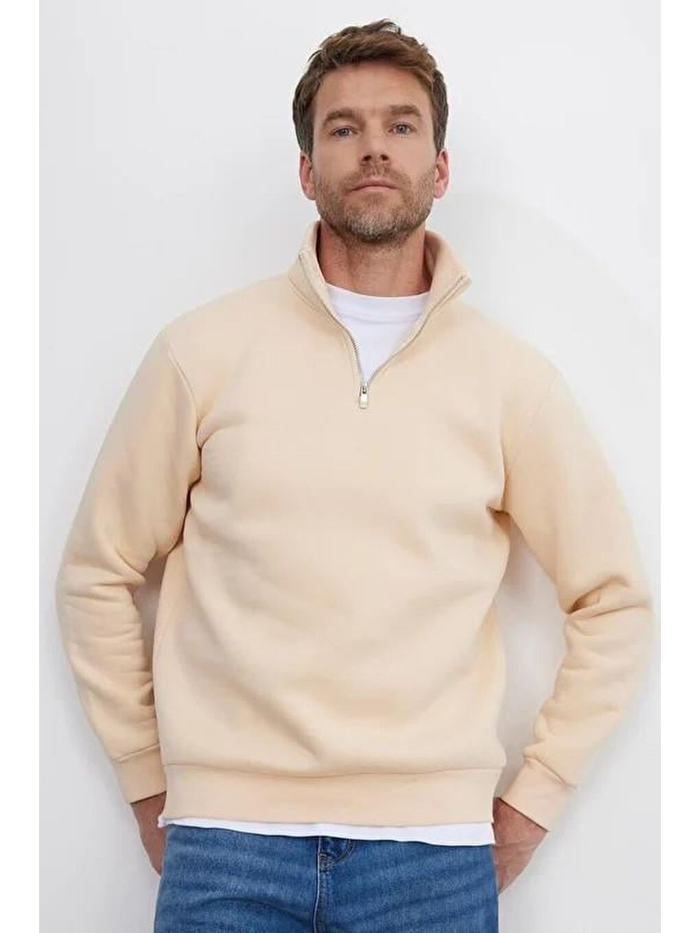 Karışık Unisex 3'Lü Paket Kahverengi-Yeşil-Ekru Relax Fit Pamuklu Yarım Fermuarlı Dik Yaka Sweatshirt-3