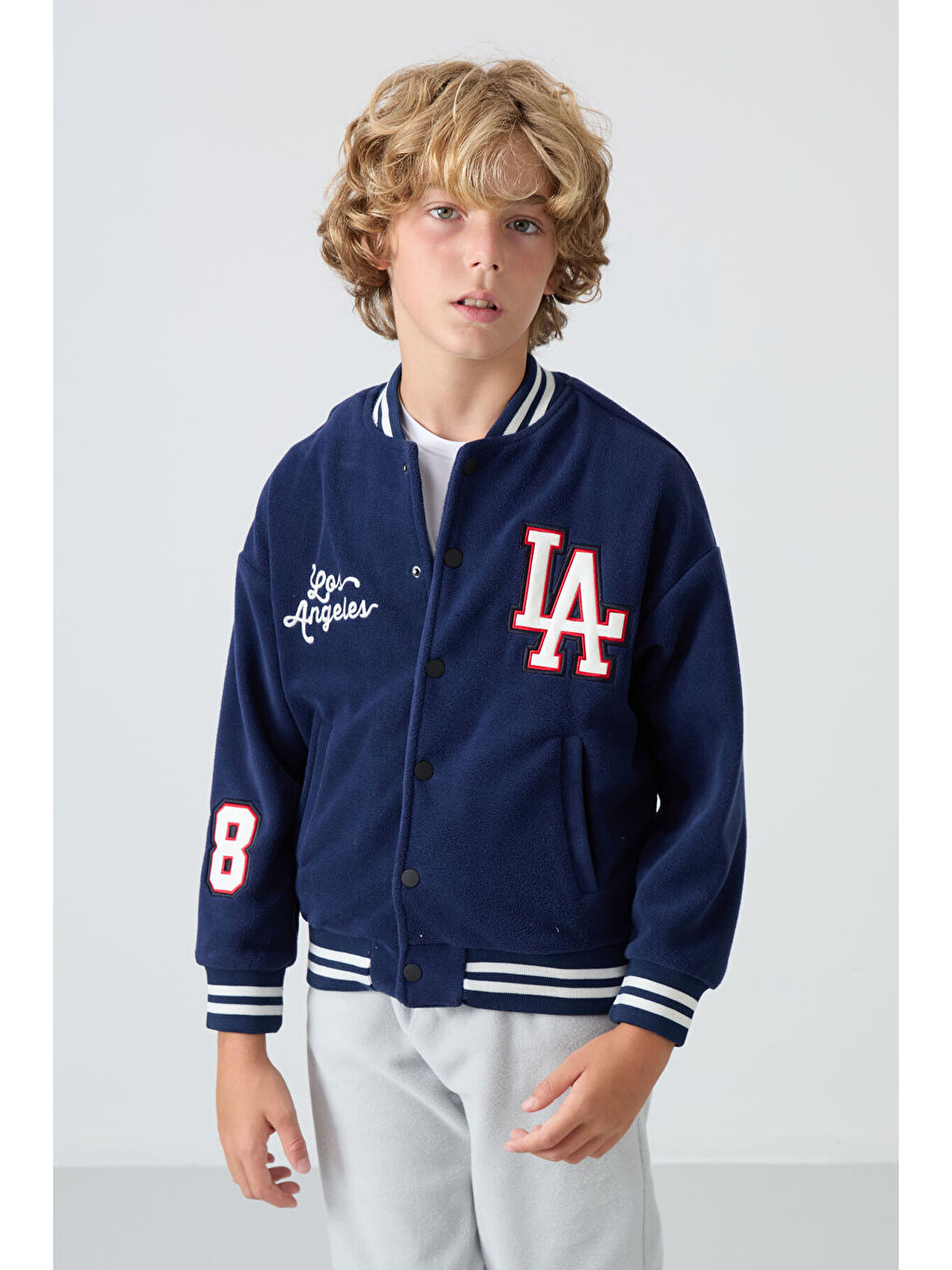 Lacivert Kalın Yumuşak Dokulu Standart Fit Nakışlı Polar Erkek Çocuk Kolej Ceket - 11227-1