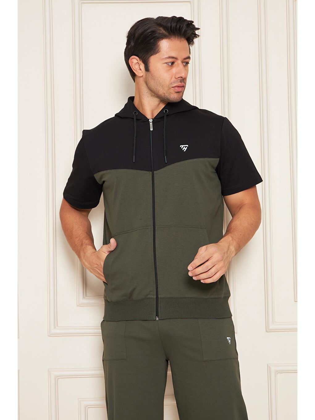 Erkek Pamuklu Kapüşonlu Kapri Takım Siyah / Haki 7501-S.H.-1