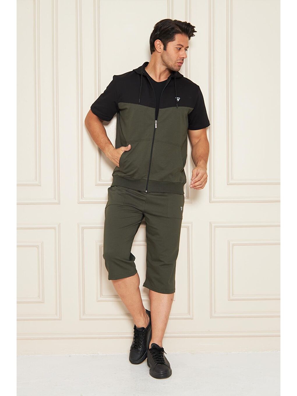 Erkek Pamuklu Kapüşonlu Kapri Takım Siyah / Haki 7501-S.H.-2