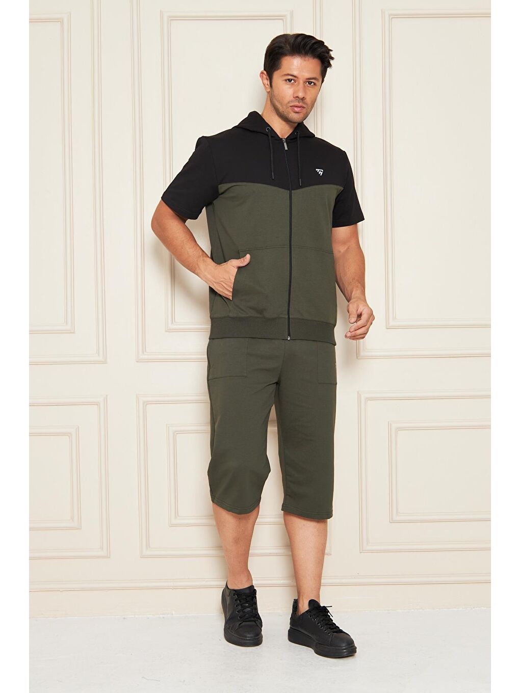 Erkek Pamuklu Kapüşonlu Kapri Takım Siyah / Haki 7501-S.H.-3