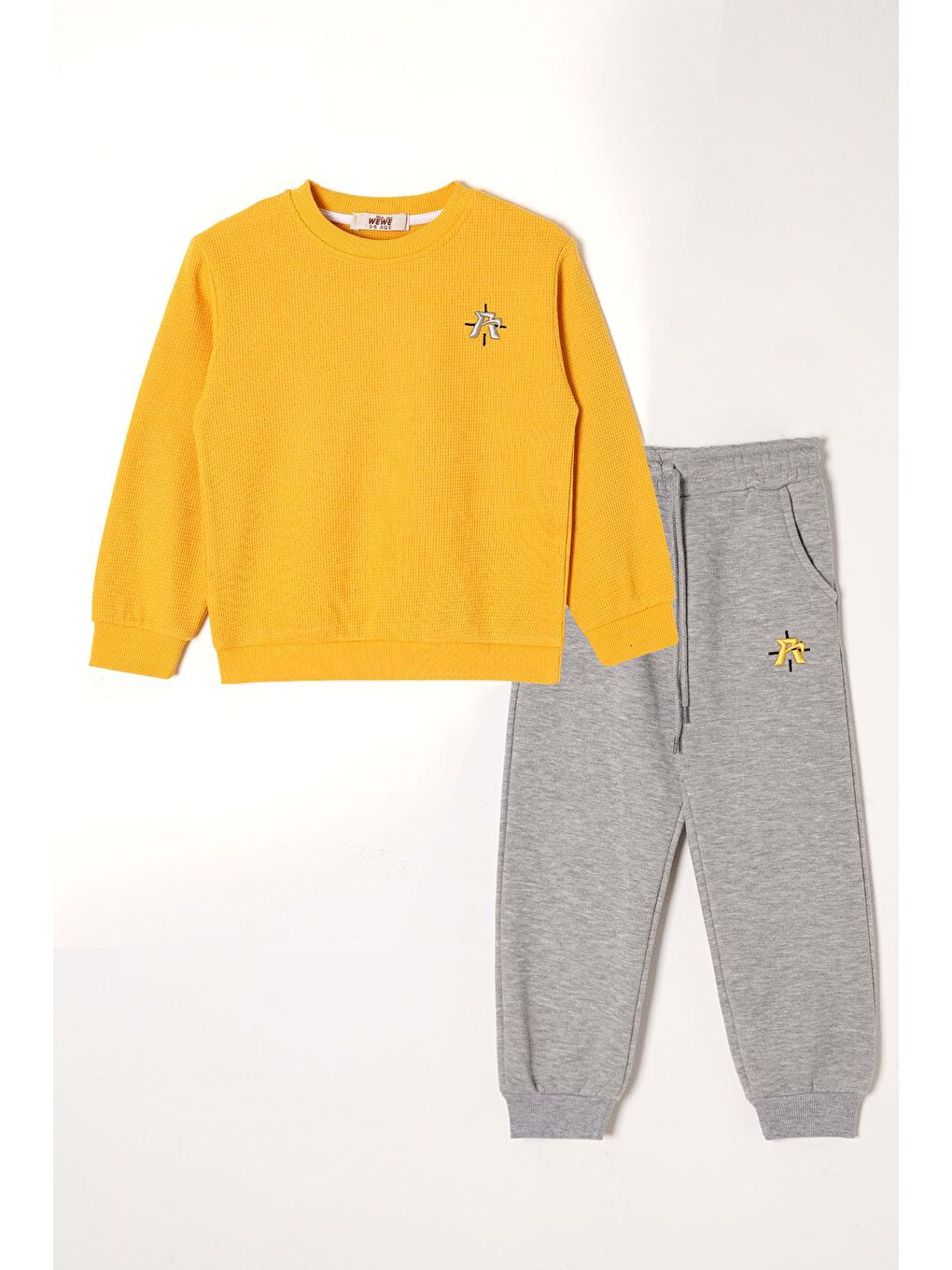Nakışlı Beli Bağcıklı Sarı-Gri Renk Erkek Çocuk Eşofman Takımı
