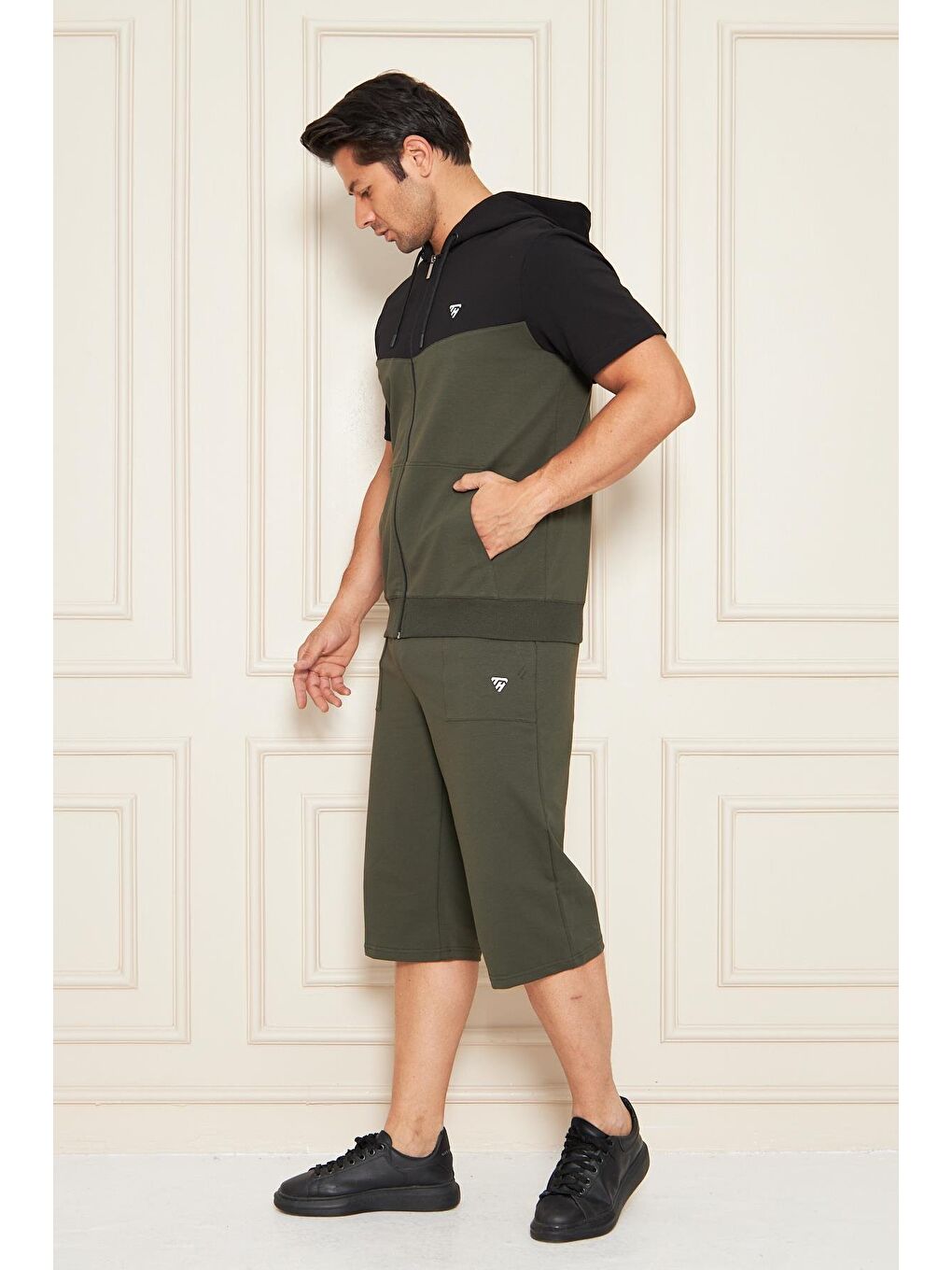 Erkek Pamuklu Kapüşonlu Kapri Takım Siyah / Haki 7501-S.H.-4