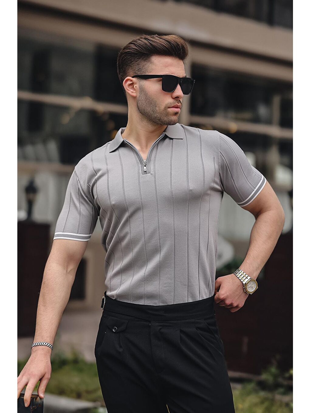 Erkek Gri Polo Yaka Fermuarlı Tişört 6876