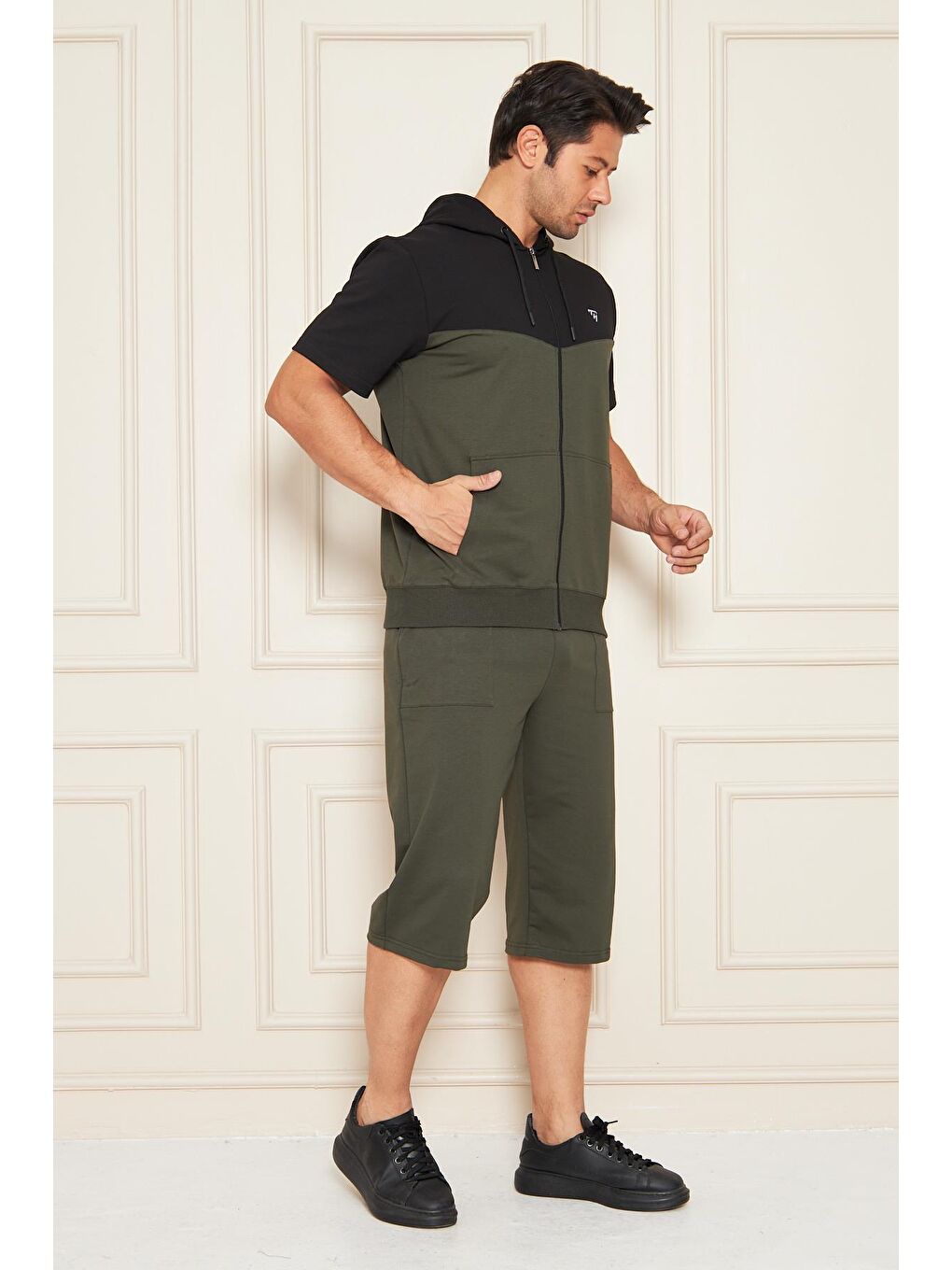 Erkek Pamuklu Kapüşonlu Kapri Takım Siyah / Haki 7501-S.H.-5