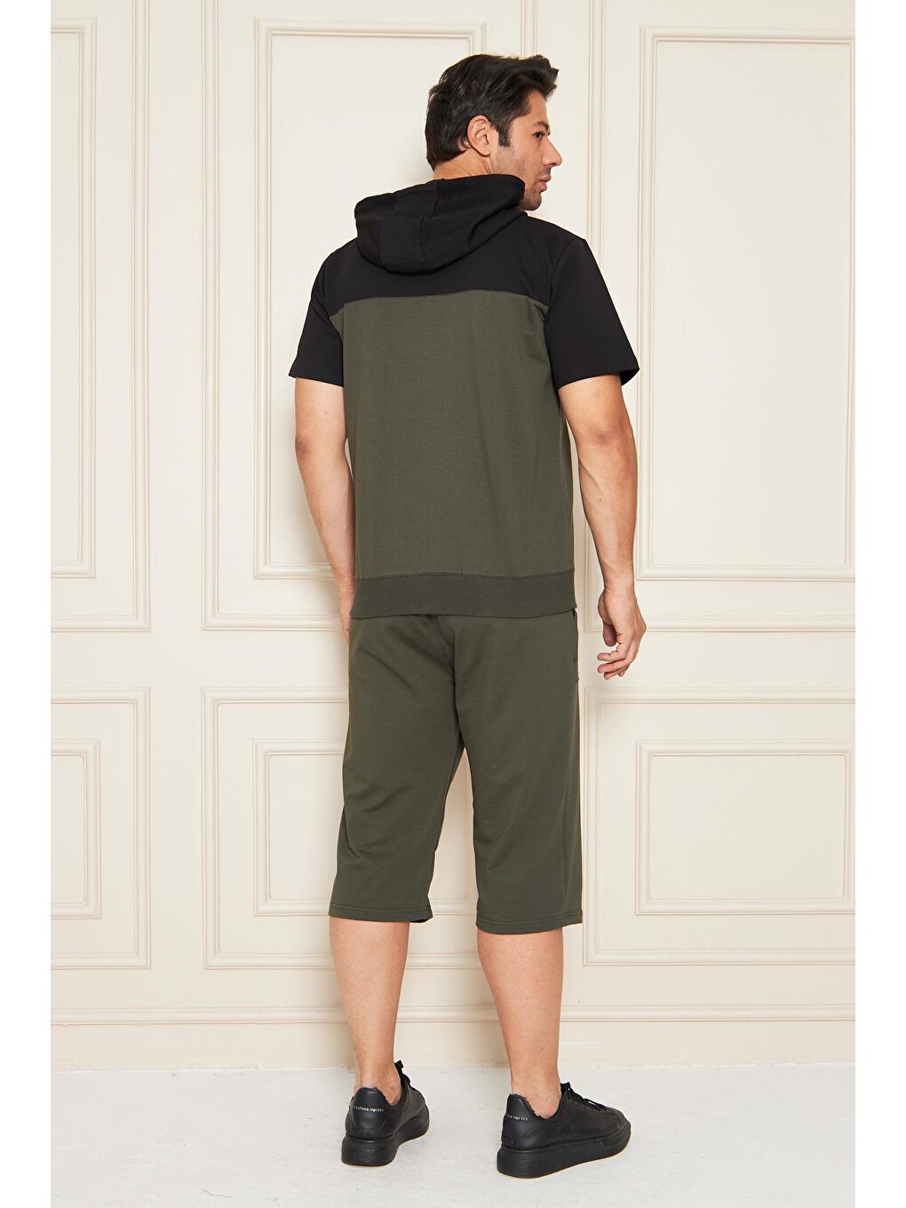 Erkek Pamuklu Kapüşonlu Kapri Takım Siyah / Haki 7501-S.H.-6
