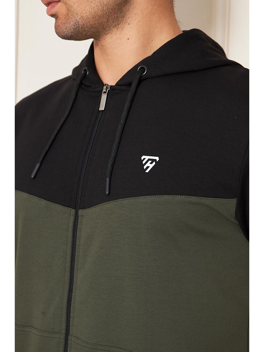 Erkek Pamuklu Kapüşonlu Kapri Takım Siyah / Haki 7501-S.H.-7