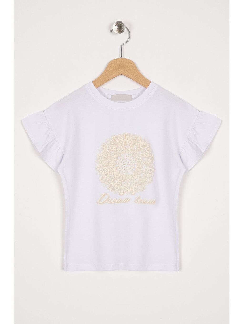Kolları Fırfırlı Yazı Baskılı Beyaz Renk Kız Çocuk Tshirt