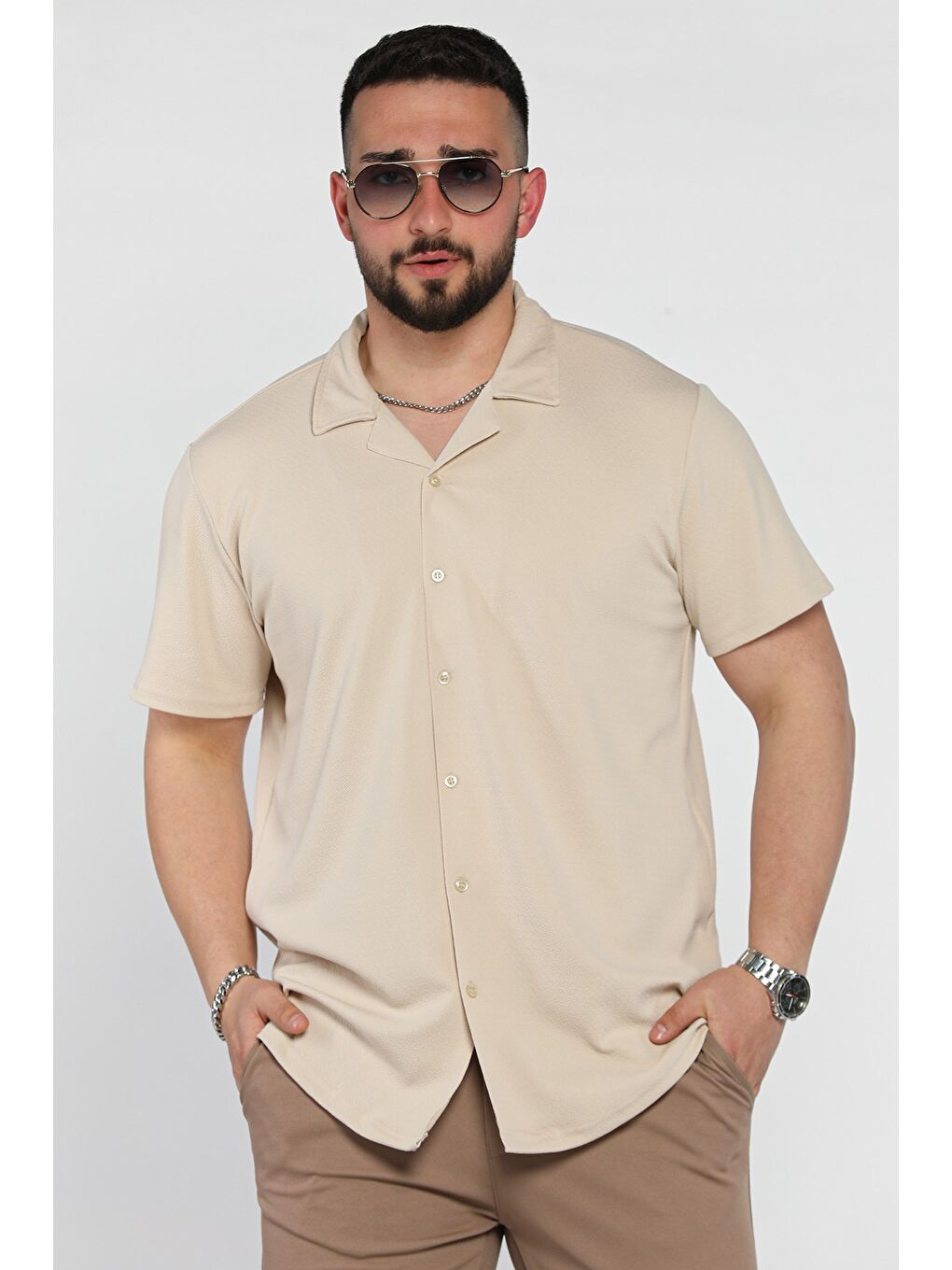 Bej Apaş Yaka Erkek Kısa Kol Gömlek-1