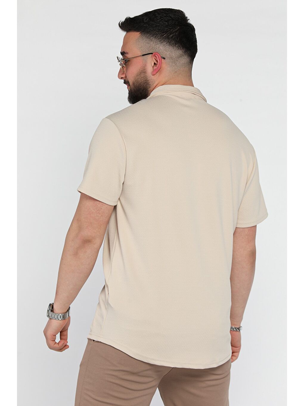 Bej Apaş Yaka Erkek Kısa Kol Gömlek-2