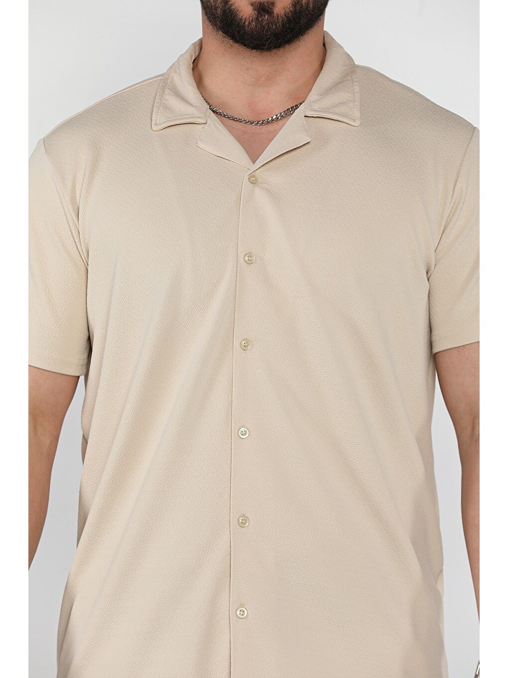 Bej Apaş Yaka Erkek Kısa Kol Gömlek-3