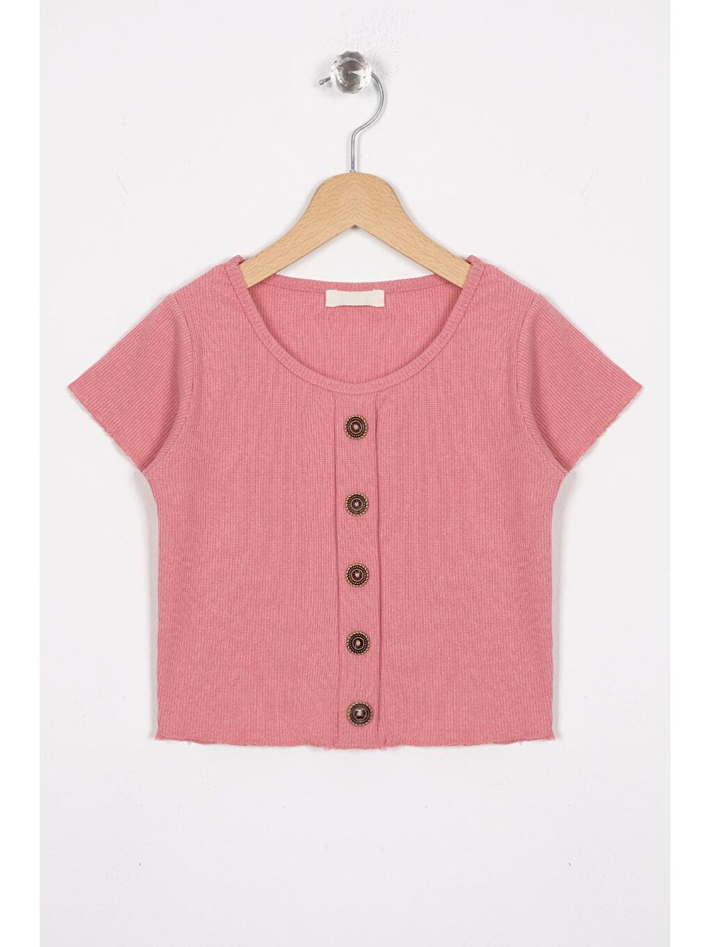 Pembe Bisiklet Yaka Kısa Kol Fitilli Pudra Renk Kız Çocuk Tshirt