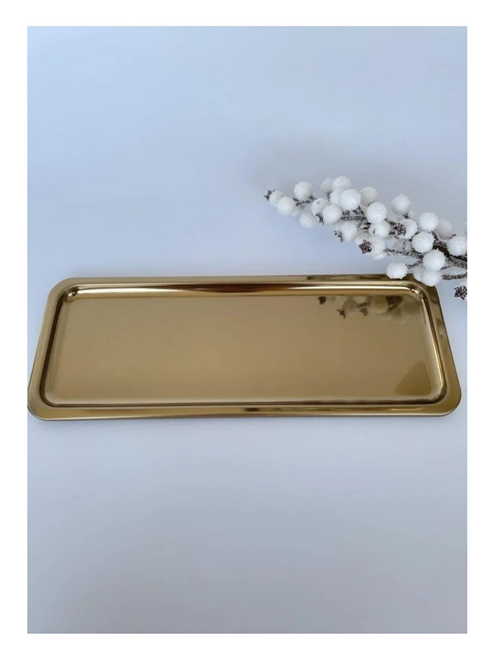 Sarı Paslanmaz Çelik Gold Renk Dikdörtgen Dar Metal Düz Sunum Tepsisi Çay Kahve Tatlı Sunum 4 Adet-1