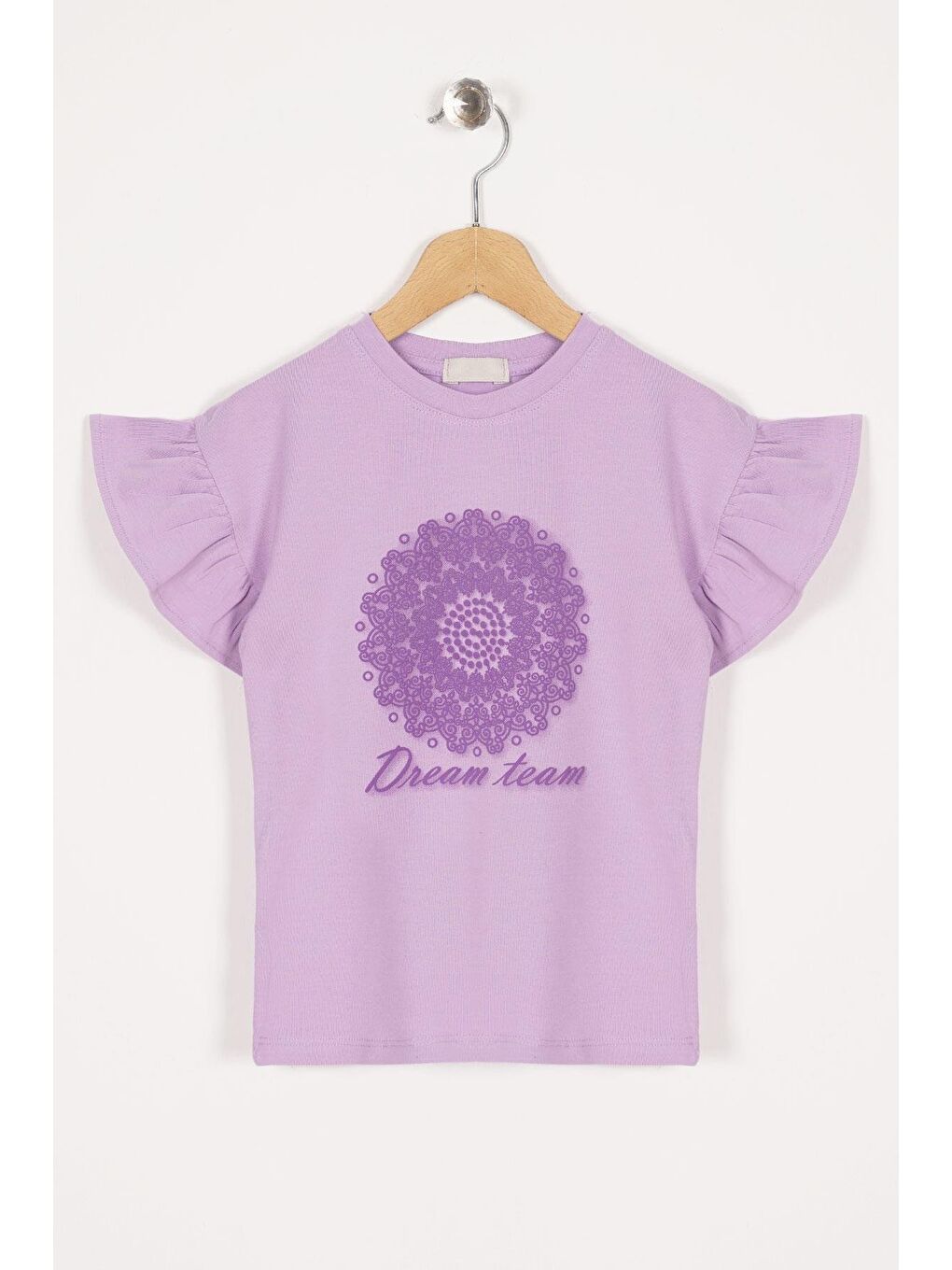 Kolları Fırfırlı Yazı Baskılı Lila Renk Kız Çocuk Tshirt