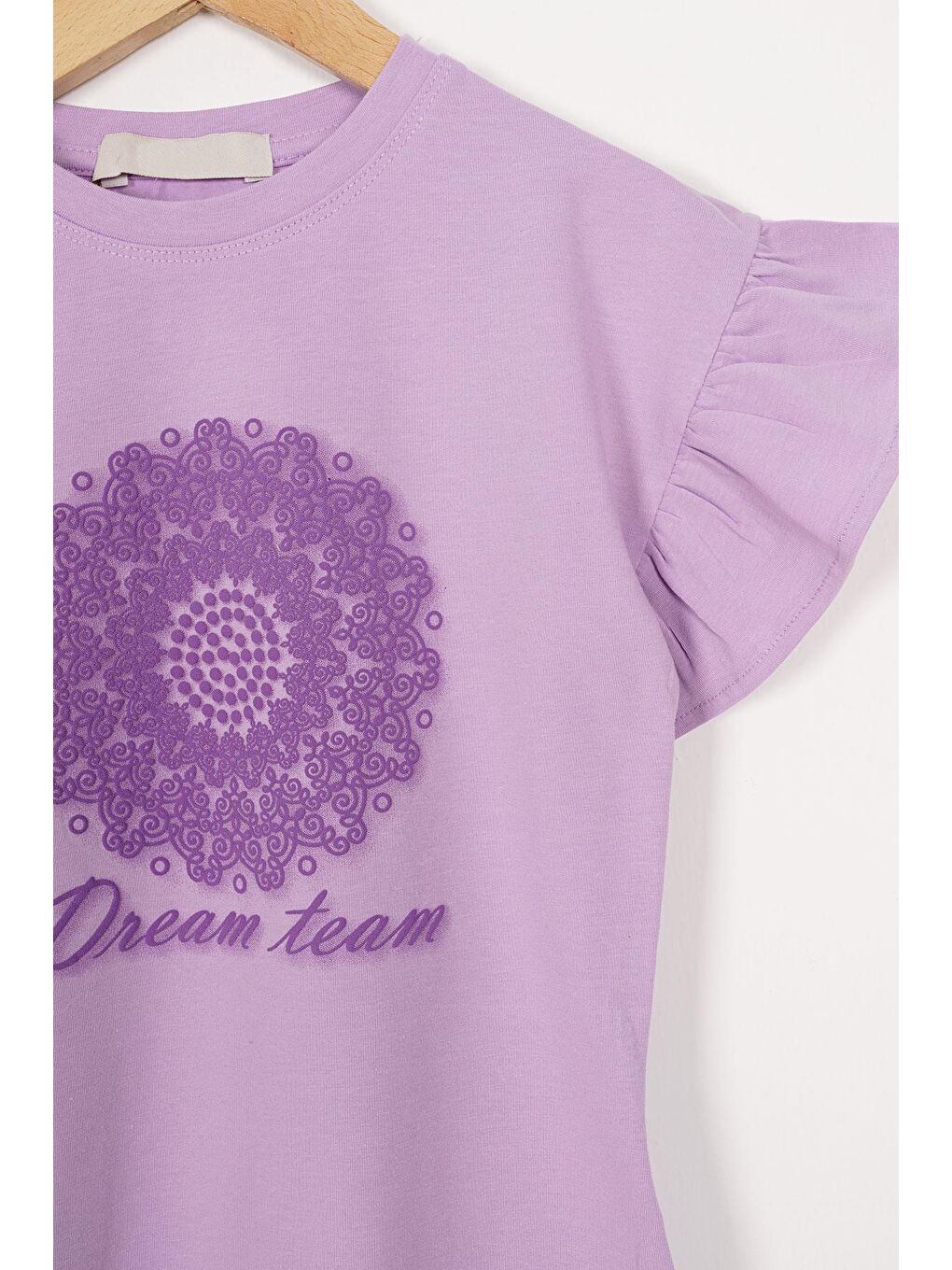 Kolları Fırfırlı Yazı Baskılı Lila Renk Kız Çocuk Tshirt-1