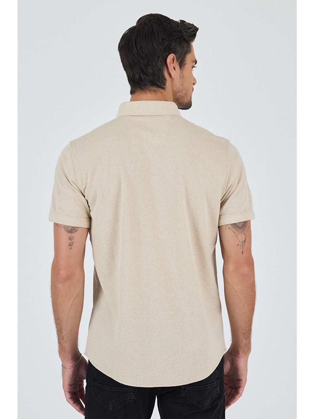 Bej Kısa Kol Düz Örme Düğmeli Yaka Cepsiz Pamuklu Classic Slim Fit Gömlek 1004250155_591-4