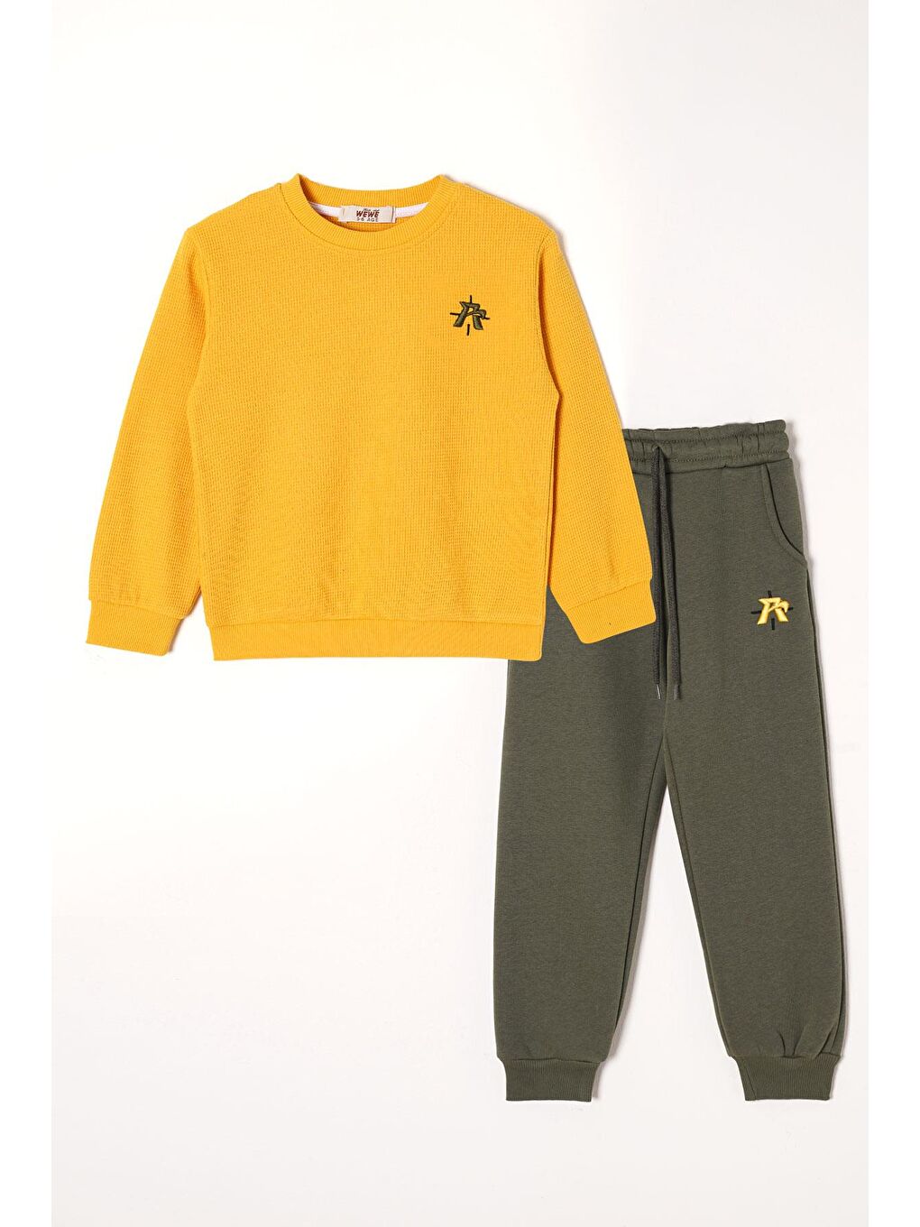 Nakışlı Beli Bağcıklı Sarı-Haki Renk Erkek Çocuk Eşofman Takımı