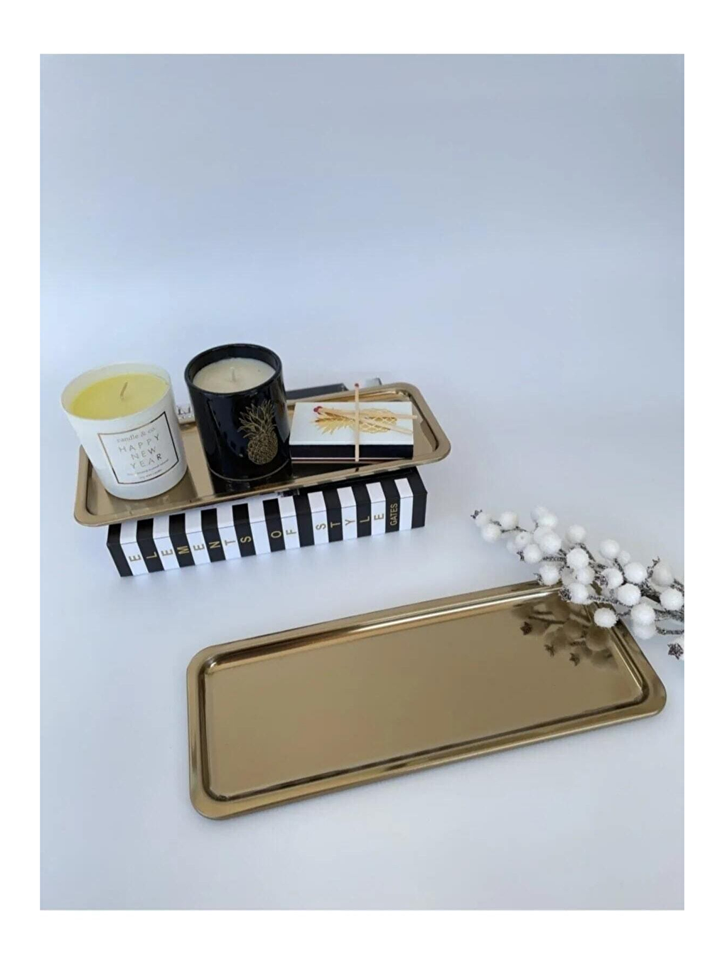 Sarı Paslanmaz Çelik Gold Renk Dikdörtgen Dar Metal Düz Sunum Tepsisi Çay Kahve Tatlı Sunum 4 Adet-3