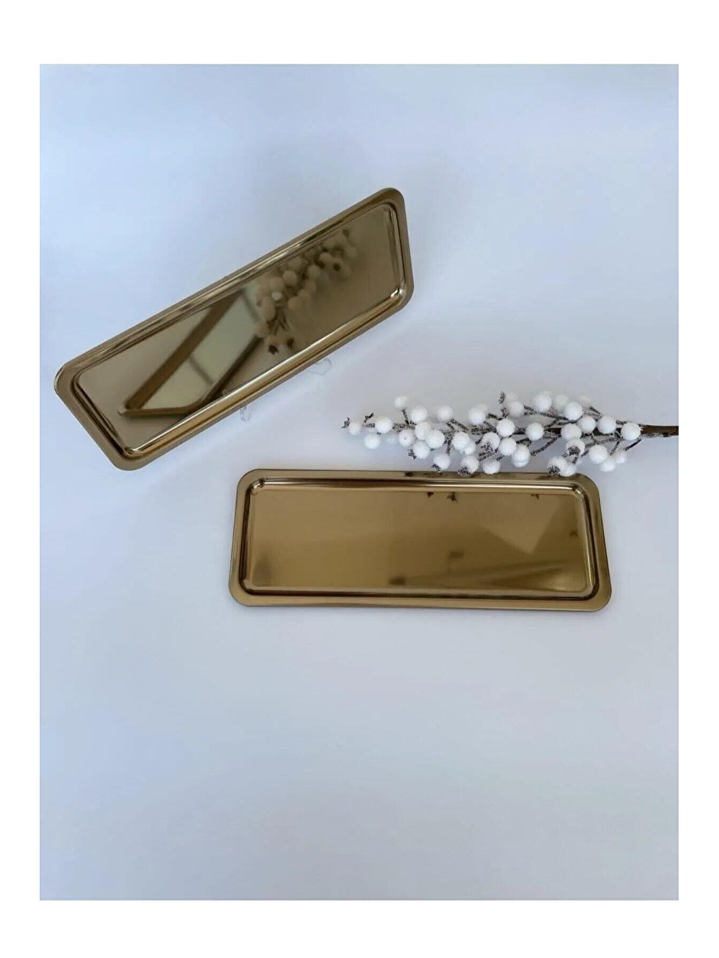 Sarı Paslanmaz Çelik Gold Renk Dikdörtgen Dar Metal Düz Sunum Tepsisi Çay Kahve Tatlı Sunum 4 Adet-4