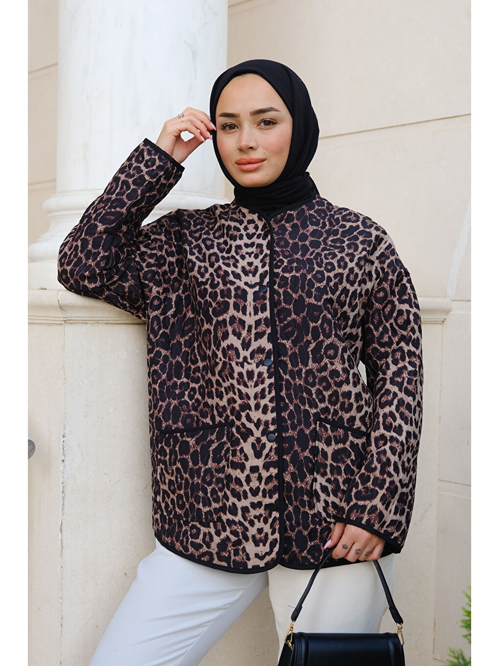 Locco Moda Bej Leopar Kapitone Ceket Vizon - 1