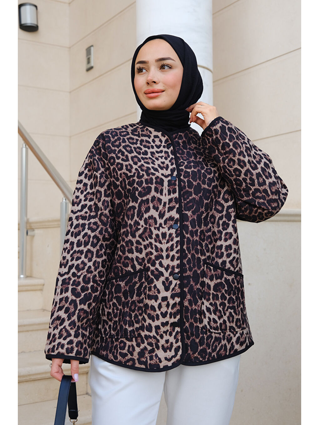 Locco Moda Bej Leopar Kapitone Ceket Vizon - 2