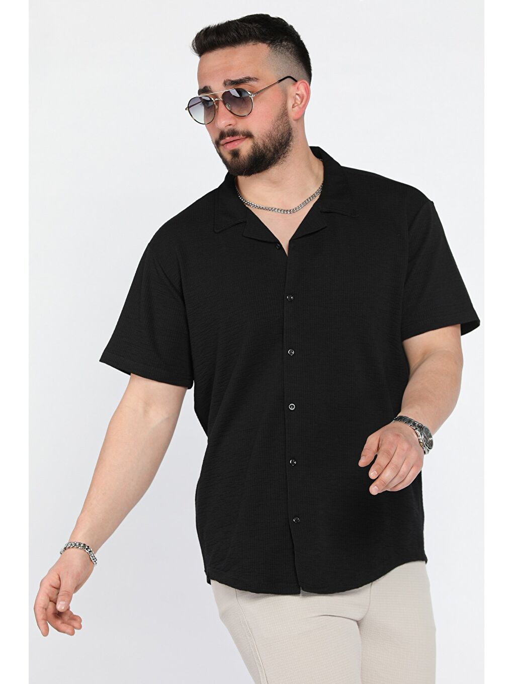 Siyah Kendinden Desenli Erkek Kısa Kol Gömlek-1