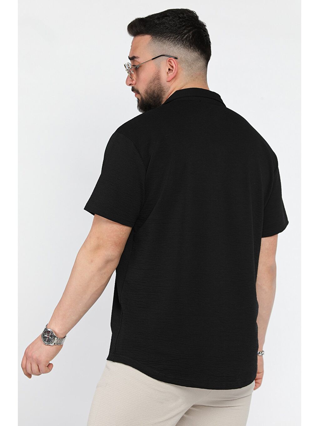 Siyah Kendinden Desenli Erkek Kısa Kol Gömlek-2