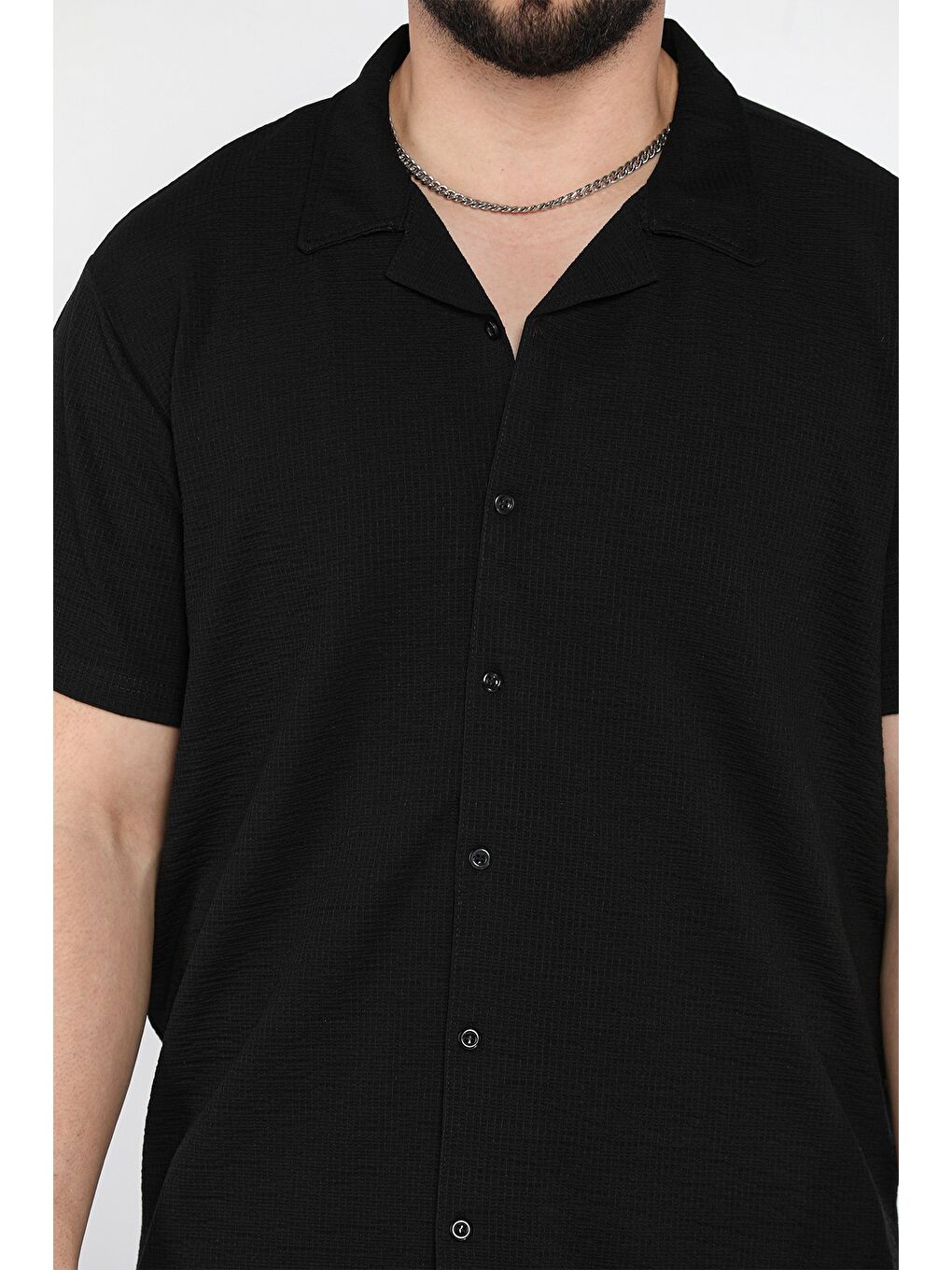 Siyah Kendinden Desenli Erkek Kısa Kol Gömlek-3