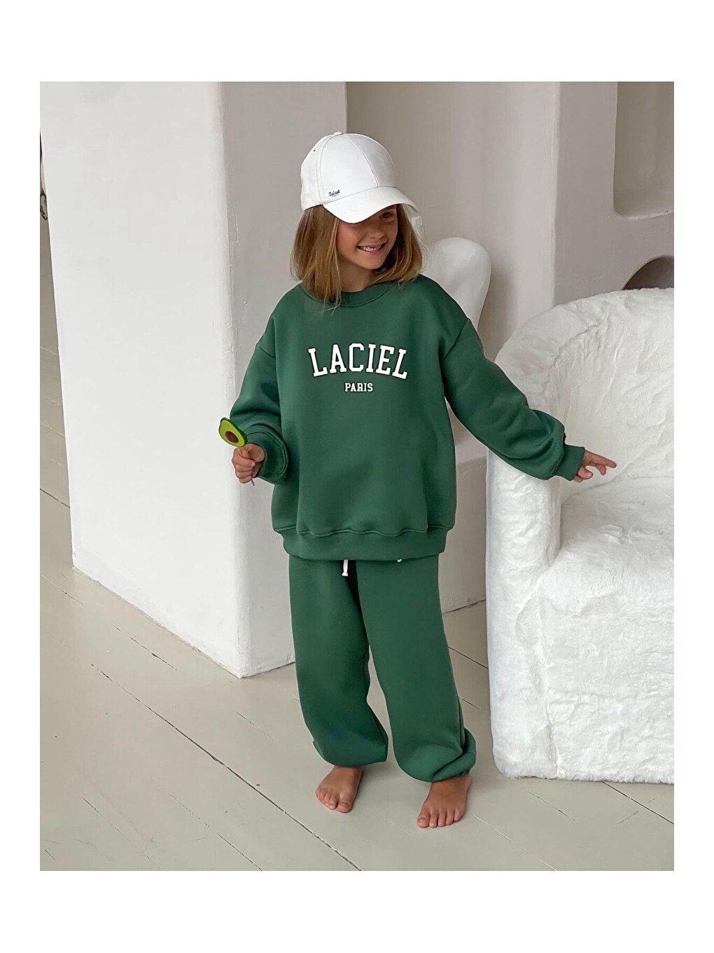 Yeşil Unisex Çocuk Slogan Desenli Pamuklu Sweatshirt Eşofman Tayt Alt-üst Takım