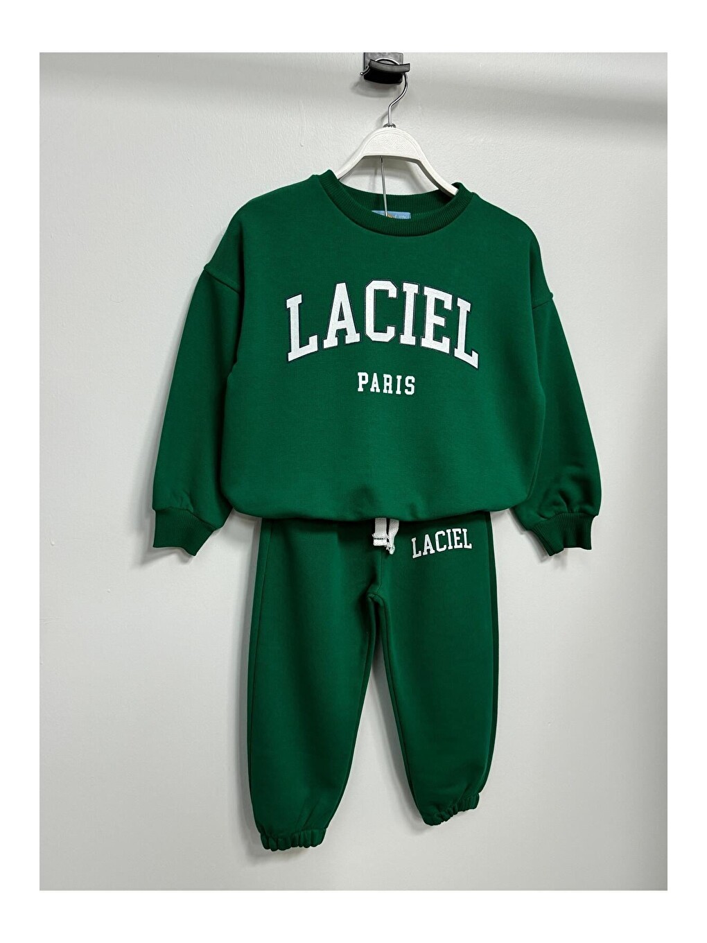 Yeşil Unisex Çocuk Slogan Desenli Pamuklu Sweatshirt Eşofman Tayt Alt-üst Takım-2
