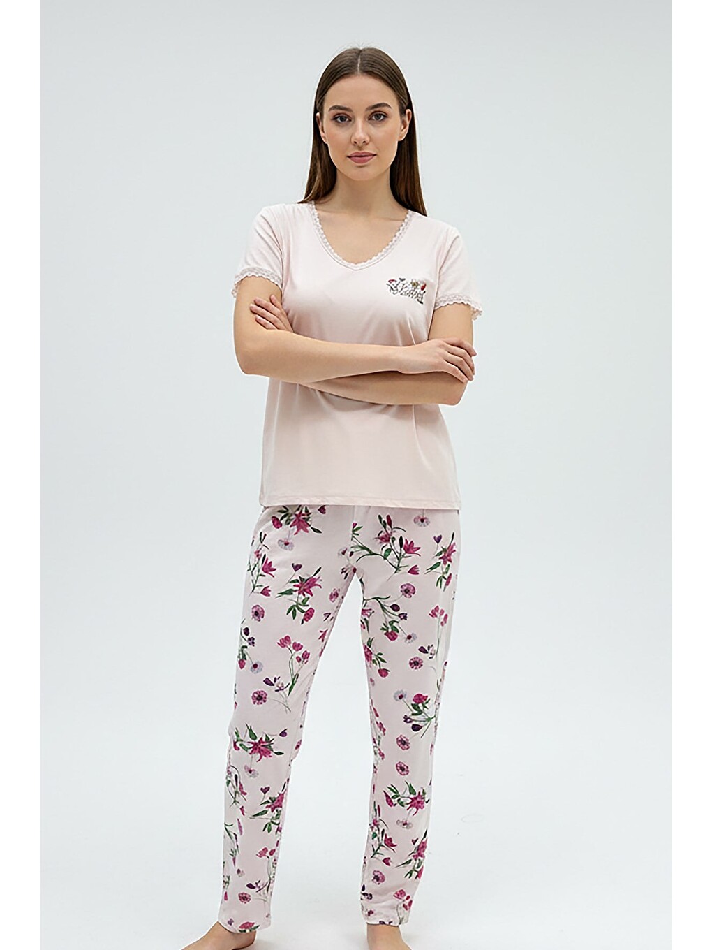 Kadın % 100 Ring Viskon V Yaka Altı Desenli Kısa Kol Pijama Takımı | Pembe 40113-4119