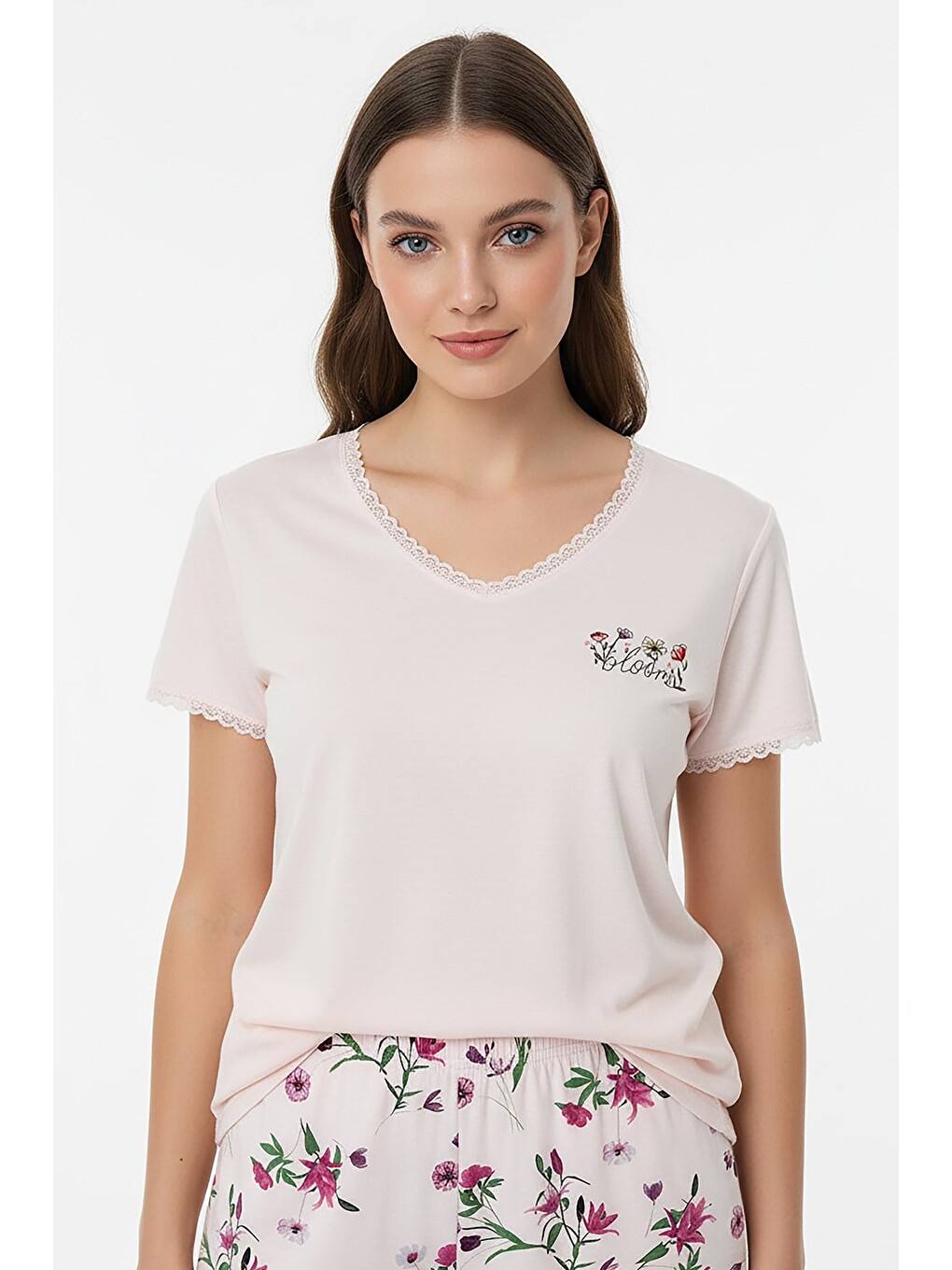 Kadın % 100 Ring Viskon V Yaka Altı Desenli Kısa Kol Pijama Takımı | Pembe 40113-4119-1