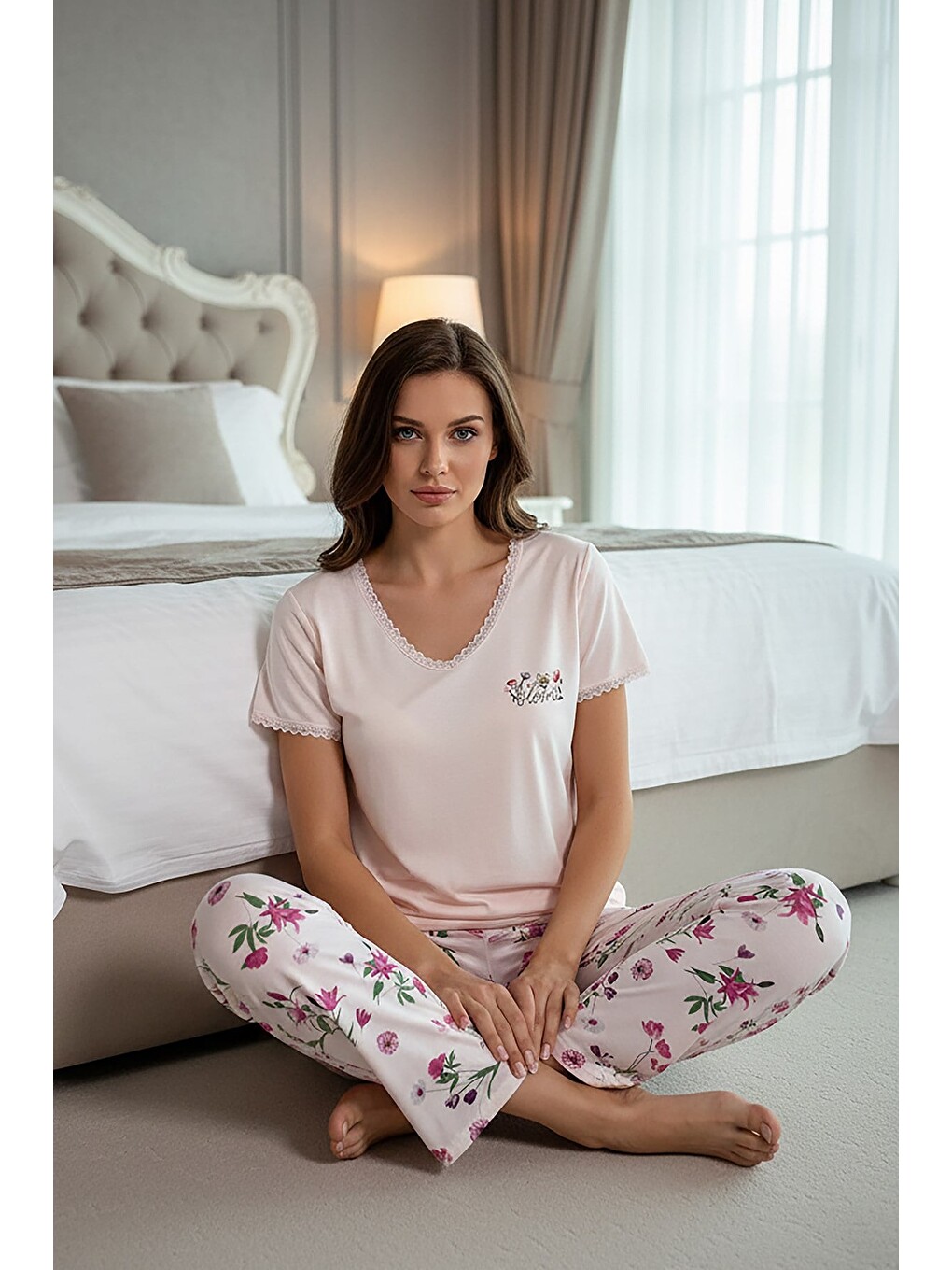 Kadın % 100 Ring Viskon V Yaka Altı Desenli Kısa Kol Pijama Takımı | Pembe 40113-4119-2