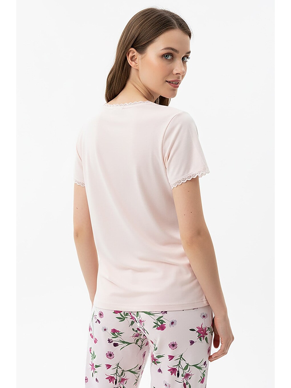 Kadın % 100 Ring Viskon V Yaka Altı Desenli Kısa Kol Pijama Takımı | Pembe 40113-4119-3