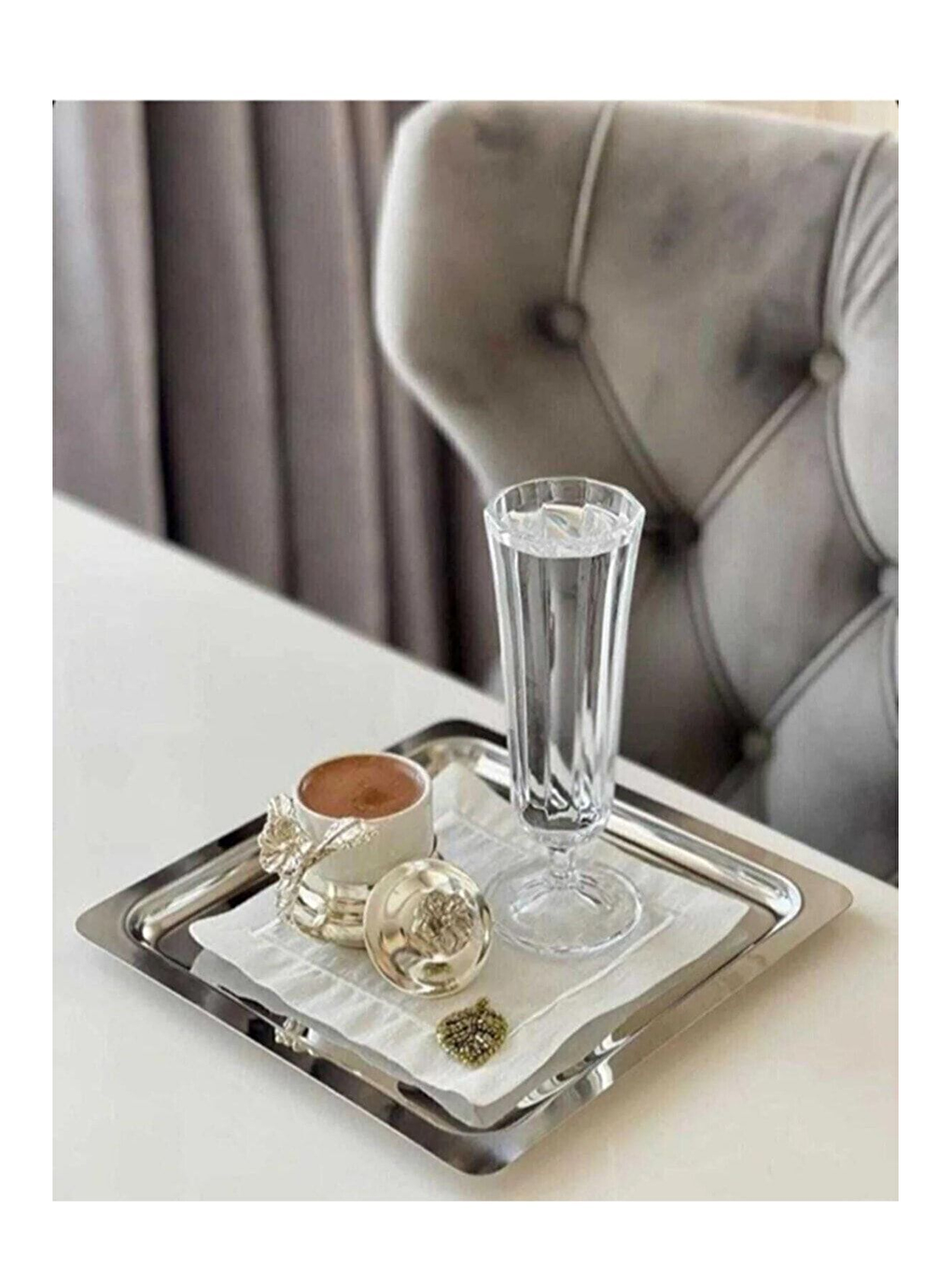 Gri 6 Adet Paslanmaz Çelik Gümüş Renk Sunum Tepsisi 21 x21 cm Çay Kahve Pasta Tatlı Servis Sunum Tepsisi-2