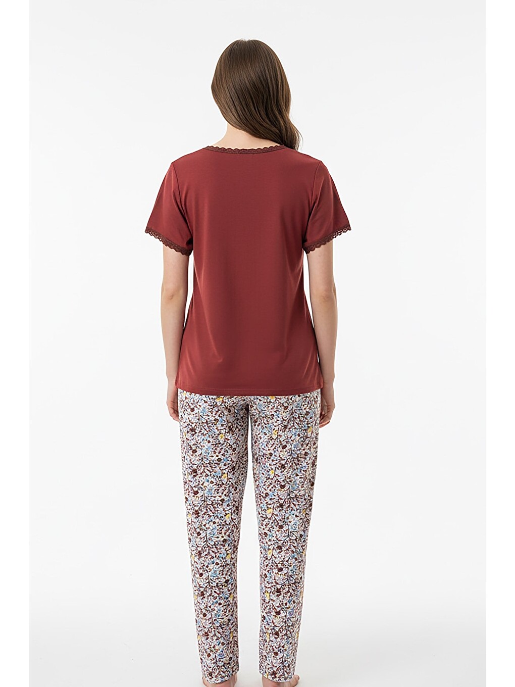 Kahverengi Kadın % 100 Ring Viskon V Yaka Altı Desenli Kısa Kol Pijama Takımı | Kiremit 40113-4120-3