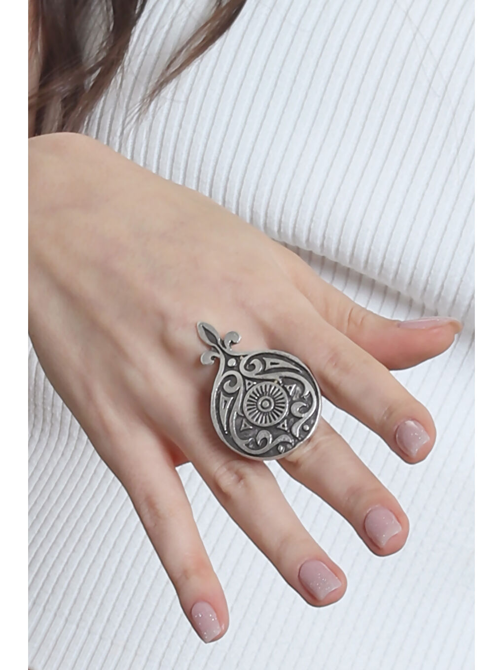 Karışık Kadın Antik Gümüş Kaplama Barok Desen Baskılı Ayarlanabilir Yüzük-4