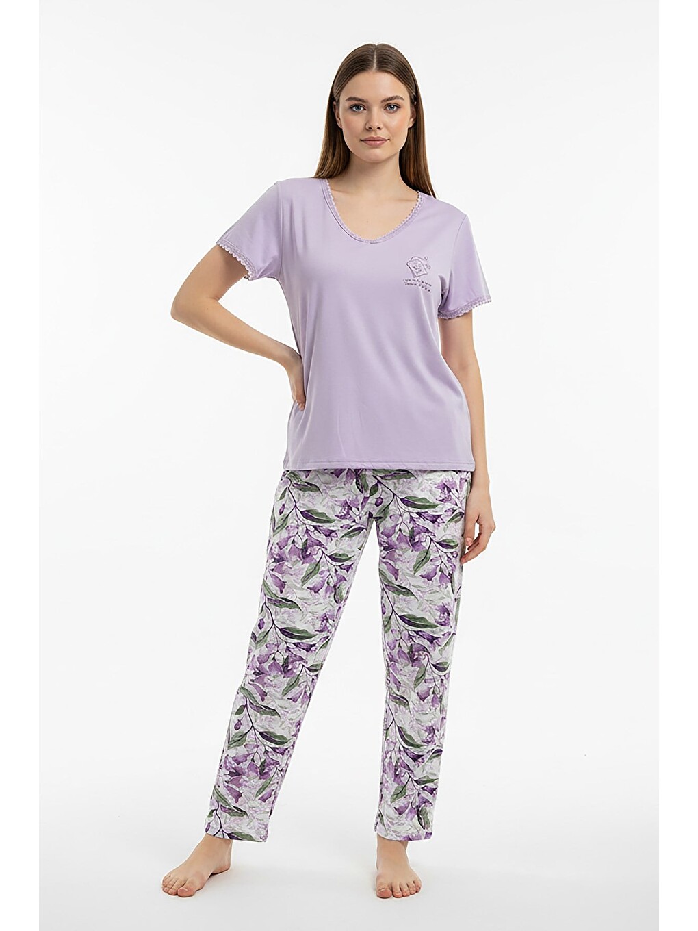 Kadın % 100 Ring Viskon V Yaka Altı Desenli Kısa Kol Pijama Takım | Lila 40113-4118-2
