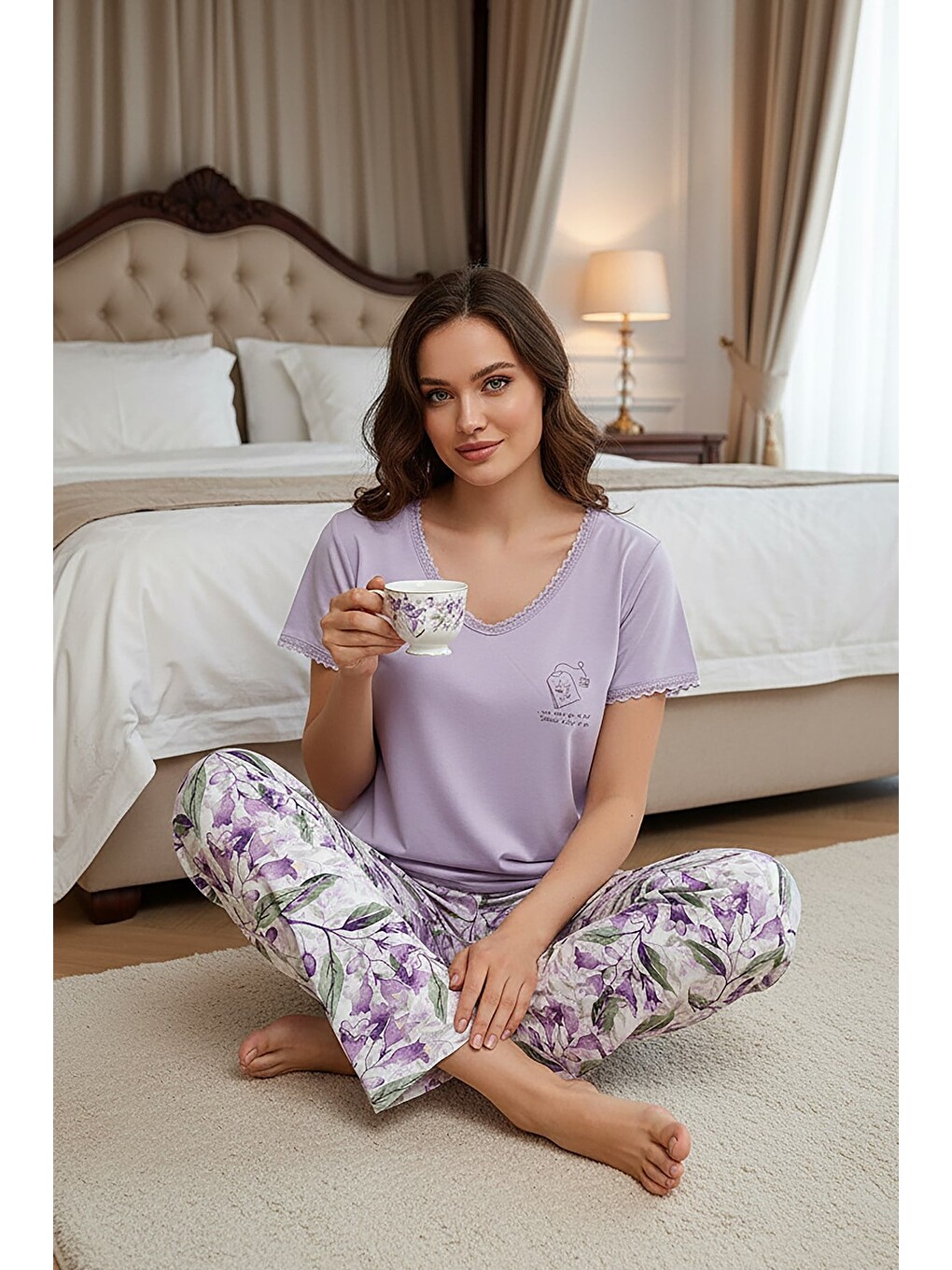 Kadın % 100 Ring Viskon V Yaka Altı Desenli Kısa Kol Pijama Takım | Lila 40113-4118-4