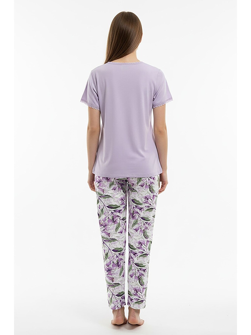 Kadın % 100 Ring Viskon V Yaka Altı Desenli Kısa Kol Pijama Takım | Lila 40113-4118-5
