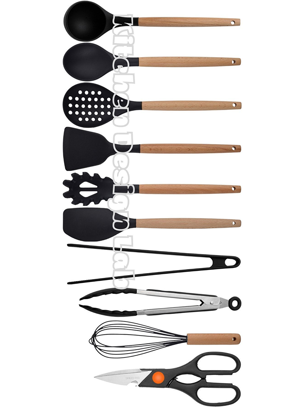 Siyah Bambu Silikon - Kepçe Kaşık Kevgir Makarna 2 Spatula Silikon Metal Maşa Makas Çırpıcı-1