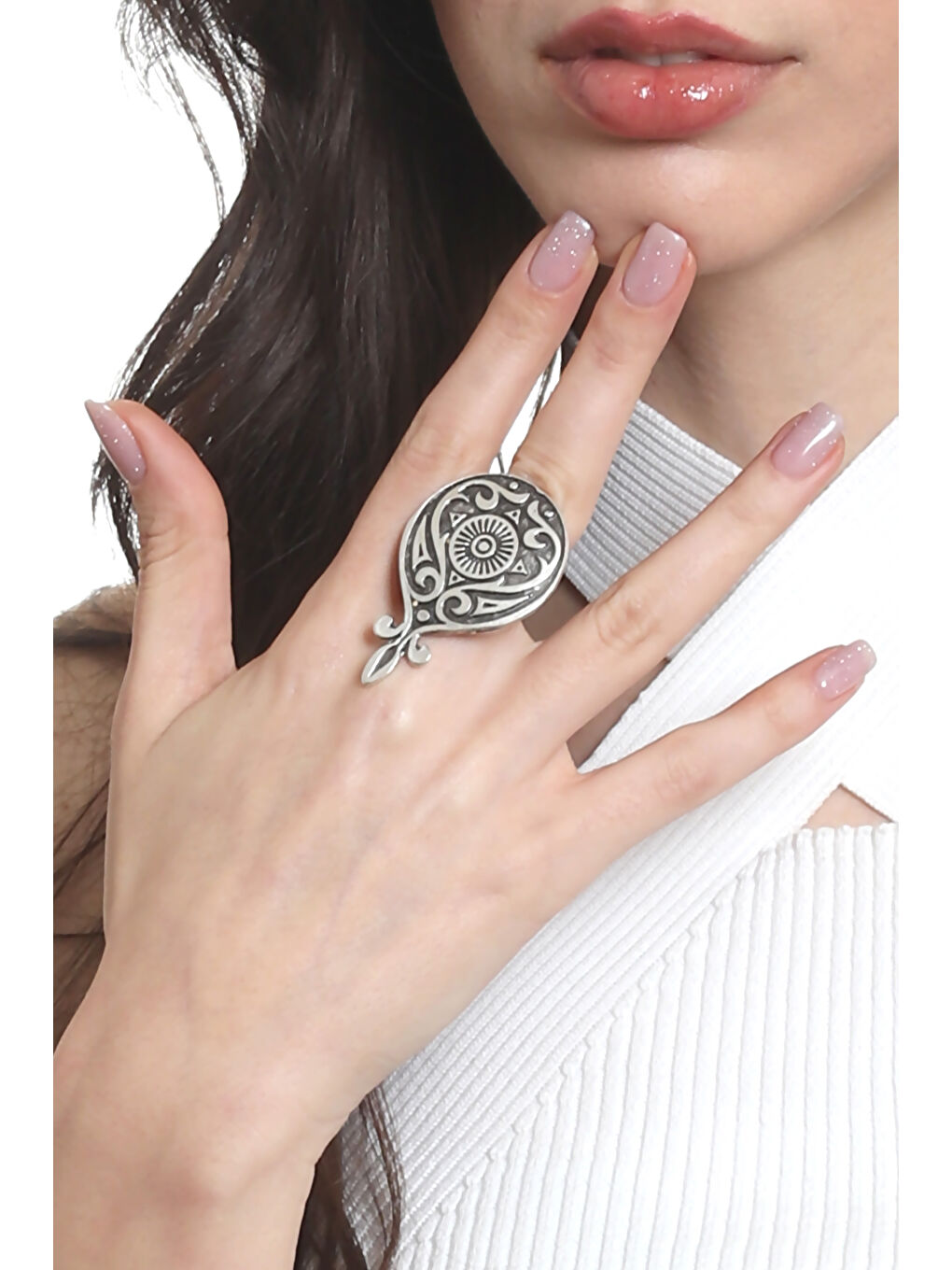Karışık Kadın Antik Gümüş Kaplama Barok Desen Baskılı Ayarlanabilir Yüzük-5