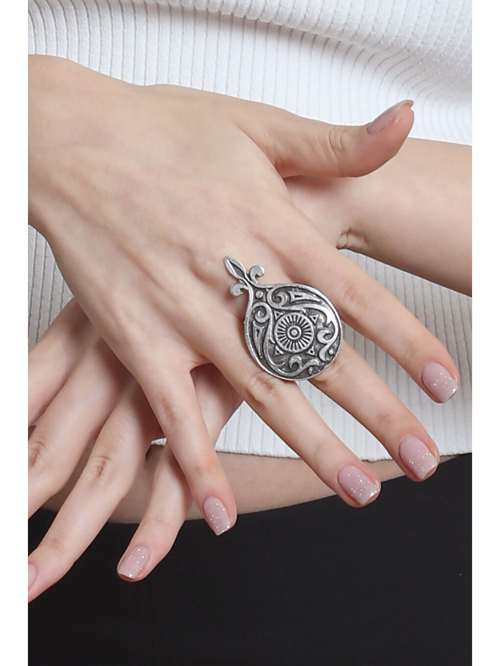 Karışık Kadın Antik Gümüş Kaplama Barok Desen Baskılı Ayarlanabilir Yüzük-6