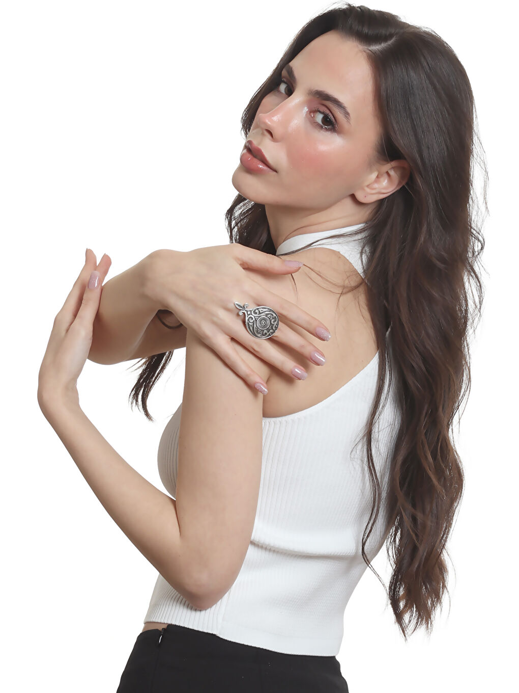 Karışık Kadın Antik Gümüş Kaplama Barok Desen Baskılı Ayarlanabilir Yüzük-7