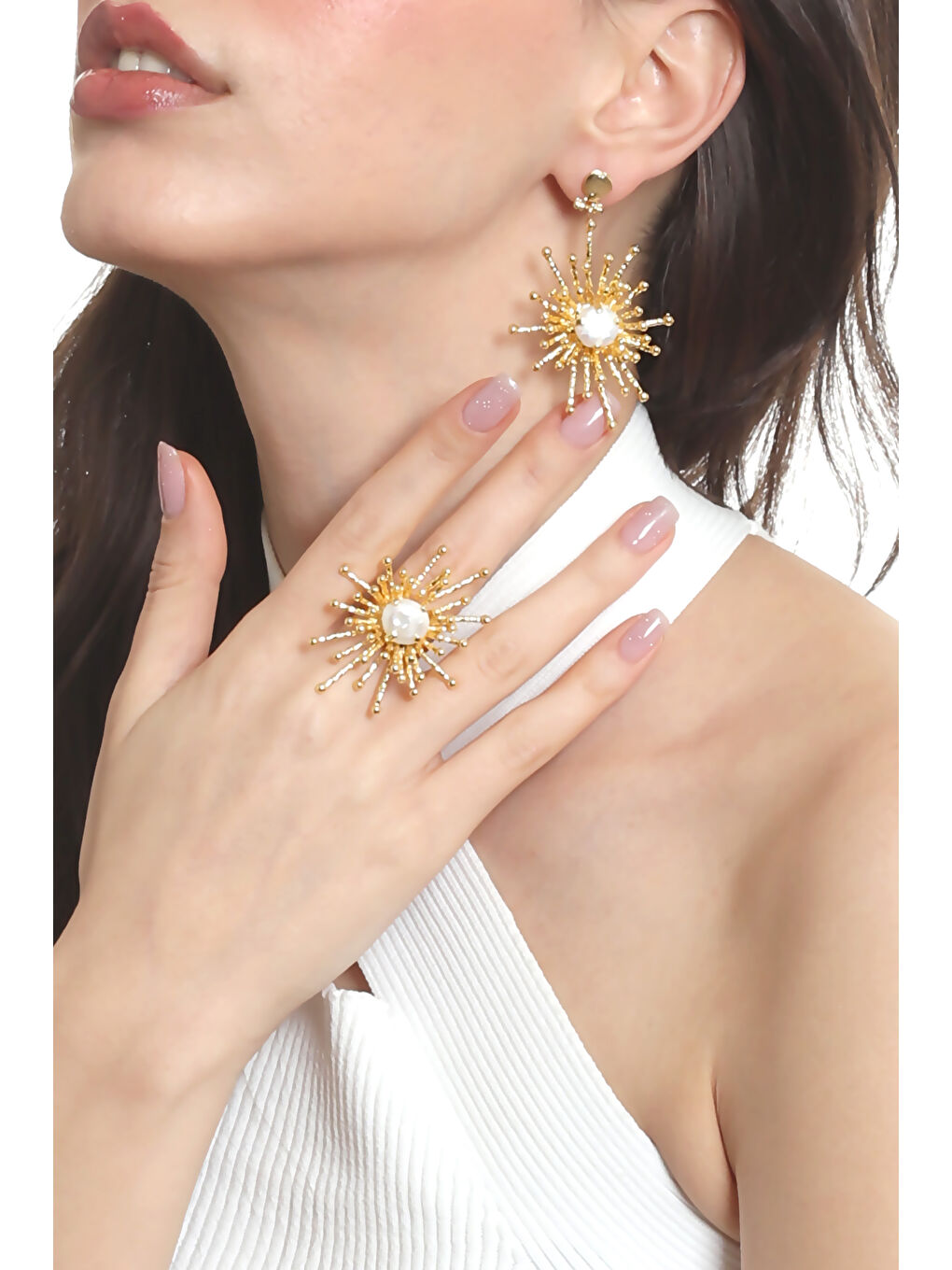 Sarı Kadın Altın Renk Kaplama İnci Detaylı Büyük Güneş Yüzük& Küpe Seti-1