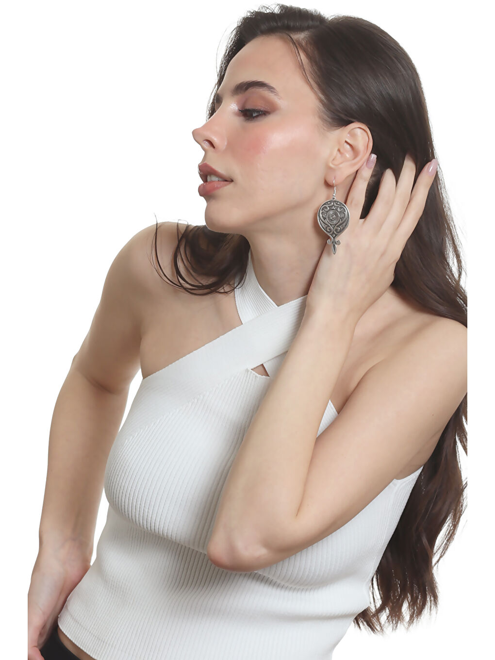 Karışık Kadın Antik Gümüş Kaplama Barok Desen Sallantılı Model Küpe-7