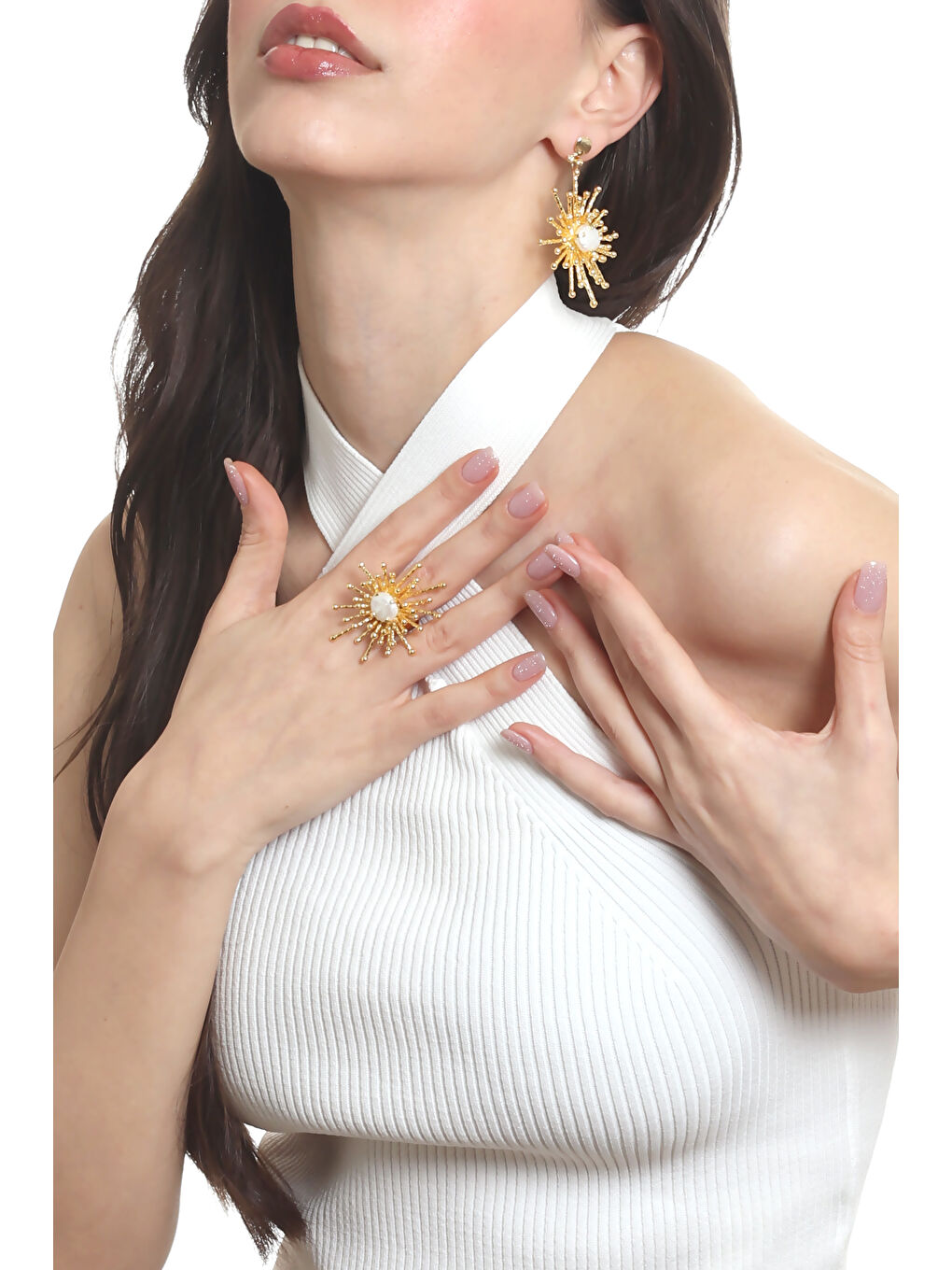 Sarı Kadın Altın Renk Kaplama İnci Detaylı Büyük Güneş Yüzük& Küpe Seti-2