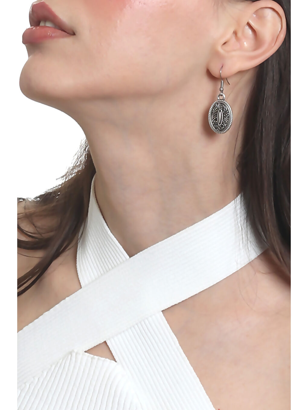 Karışık Kadın Antik Gümüş Kaplama Oval Formlu Sallantılı Model Minimalist Küpe-1